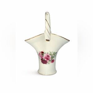 Vintage Floral Basket Vase Pink Roses Cottage Decor 9”